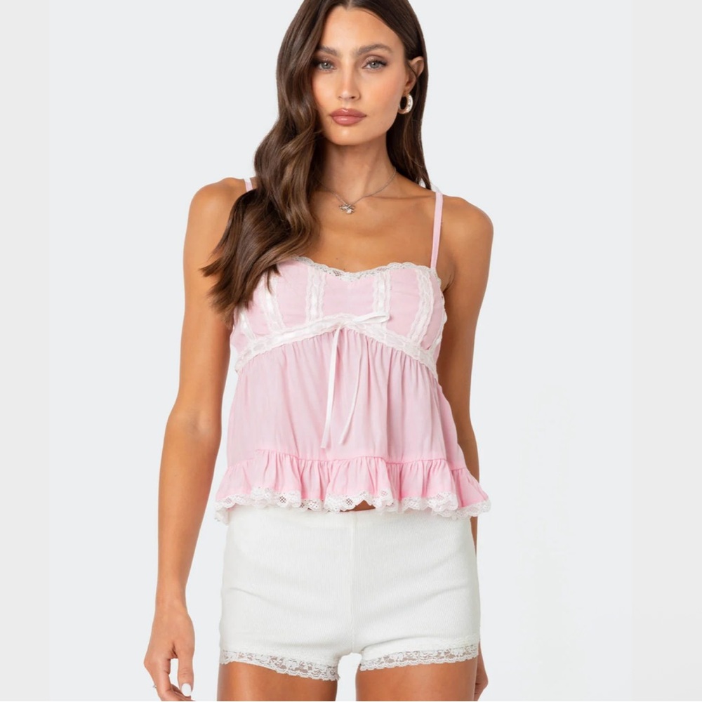 Edikted Pink Lace Trim Babydoll Tank
